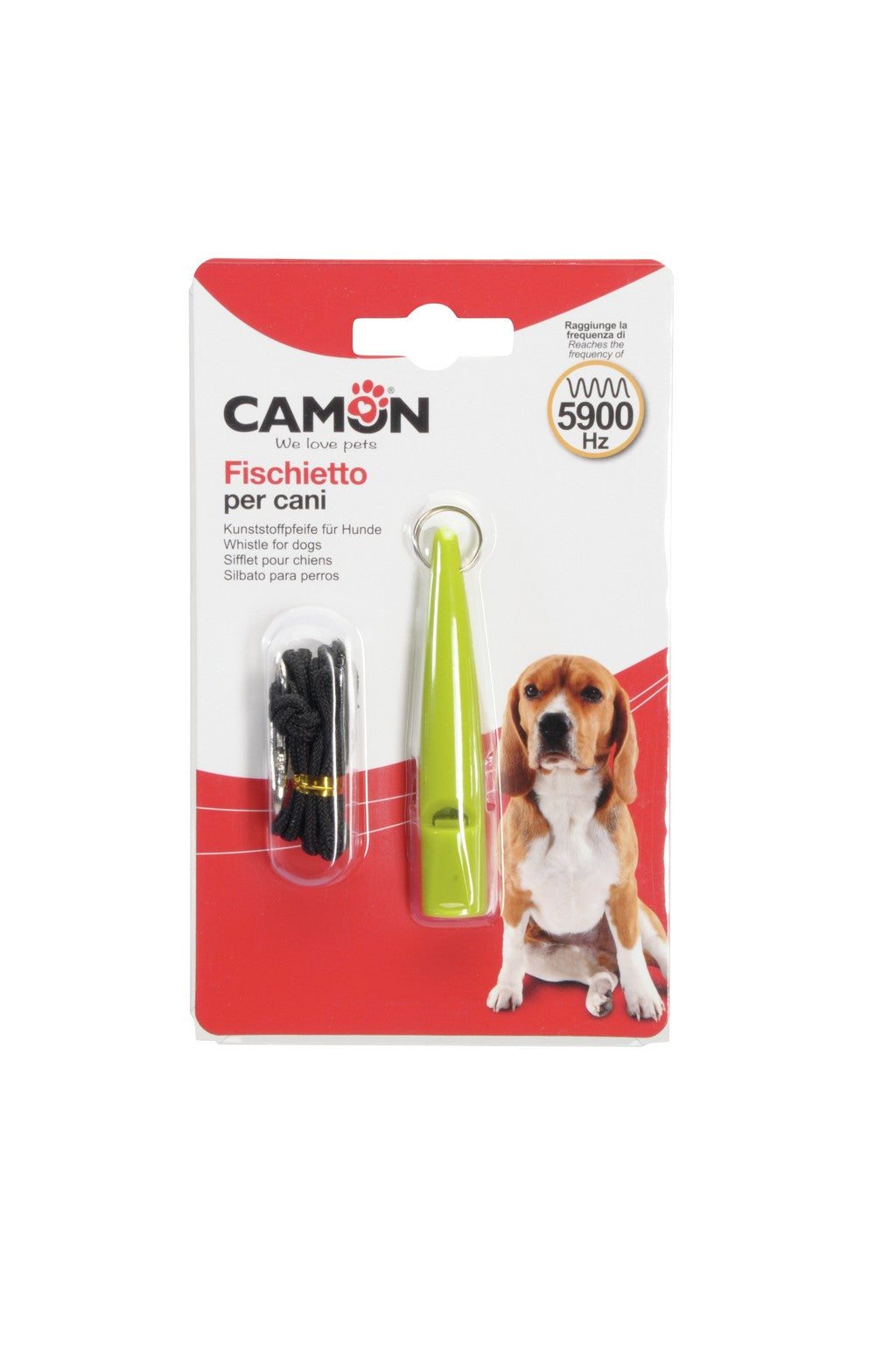 Camon fischietto per cani colore verde con cordino, confezione blister con frequenza 5900 Hz Camon fischietto per cani colore verde con cordino, confezione blister con frequenza 5900 Hz